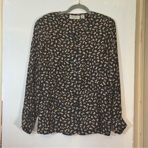 Vintage 80's ELISABETH by Liz Clairborne Silk Peplum Black Floral Blouse